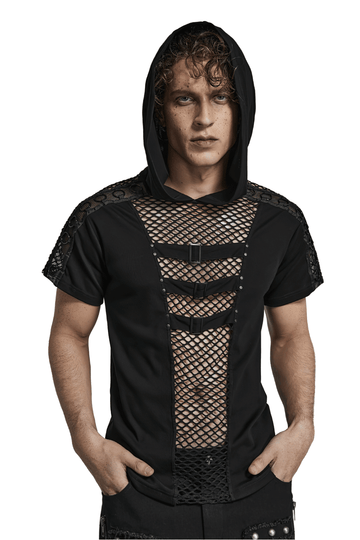 Punk-Inspired Men's Black Mesh Hoodie T-shirt